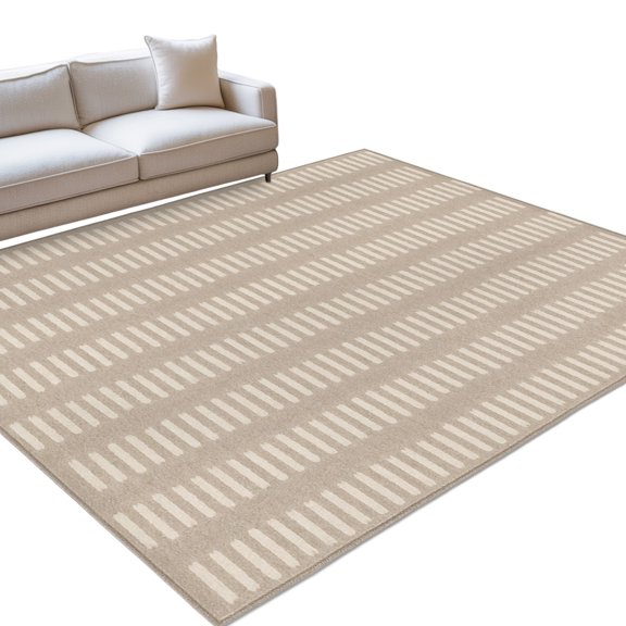 Oatmeal Beige Area Rug, Khaki Striped Tribal Texture Modern Rustic Farmhouse Non-Slip Felt Rubber Backing Rectangle Indoor Carpet Washable Rugs for Living Room Bedroom 5x8ft