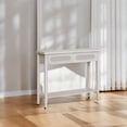 thumbnail image 1 of Oatmeal Beige Boho Style Console Table - a narrow entryway table with 2 drawers, an open storage shelf, and rounded corners. also as a sofa table., 1 of 7