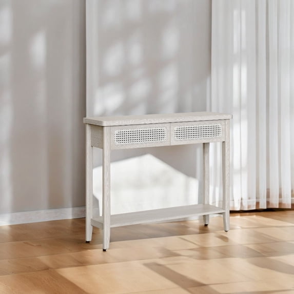 Oatmeal Beige Boho Style Console Table - a narrow entryway table with 2 drawers, an open storage shelf, and rounded corners. also as a sofa table.