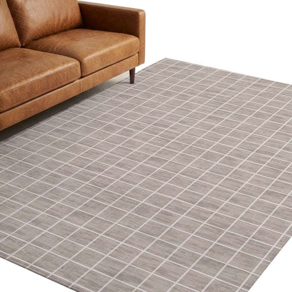Oatmeal Beige Gingham Washable Area Rug 9 x 12 ft Vintage Minimalist Vertical Warp Grid Soft Non‑Slip Rugs Stain Repellent Indoor Mats for Expansive Great‑Room, Living‑Dining Open Space