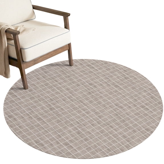 Oatmeal Beige Gingham Washable Round Area Rug 3 ft, Vintage Minimalist Vertical Warp Grid Soft Non‑Slip Rugs Stain Repellent Indoor Mats for Entryway, Bathroom, Bedside, Hallway Nook
