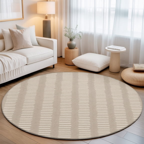 Oatmeal Beige Round Rug 5Ft Khaki Striped Tribal Texture Modern Rustic Farmhouse Circle Area Rugs Washable Non Slip Indoor Floor Mats Carpet for Living Room Bedroom Dining Room Home Decor