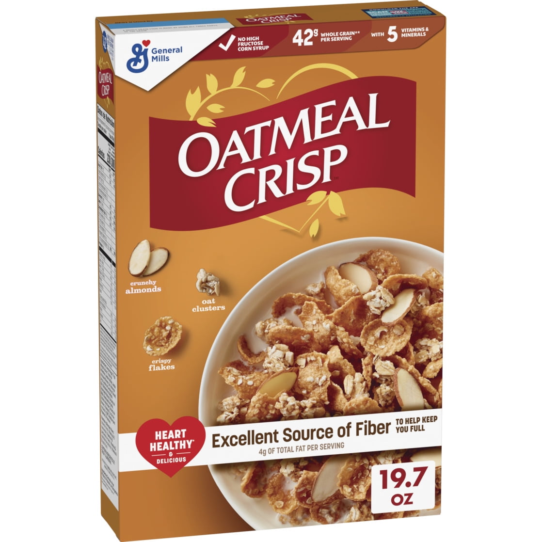 Oatmeal Crisp Heart Healthy Cereal, High Fiber Cereal Made with Whole Grain, 19.7 oz