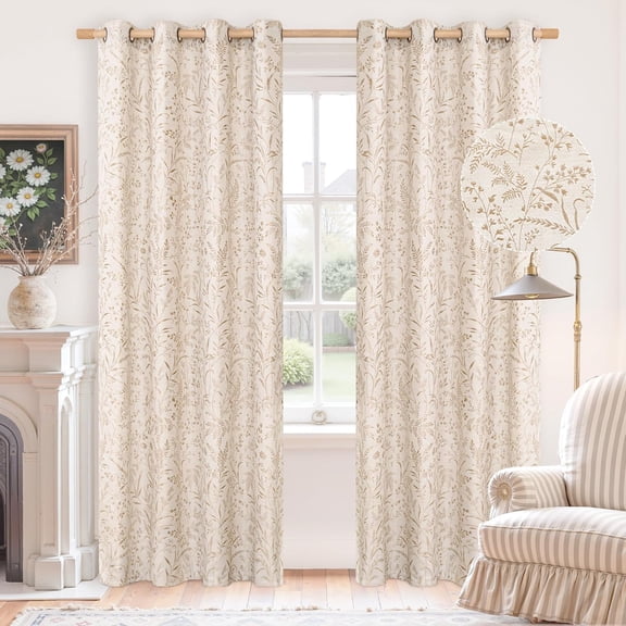 Oatmeal Linen Curtains for Living Room 84 Inch Length - French Country Leaf Jacquard Botanical Pattern Cottage Core Vintage Light Filtering Grommet Window Curtains 2 Panels, Each 52 Inch Wide