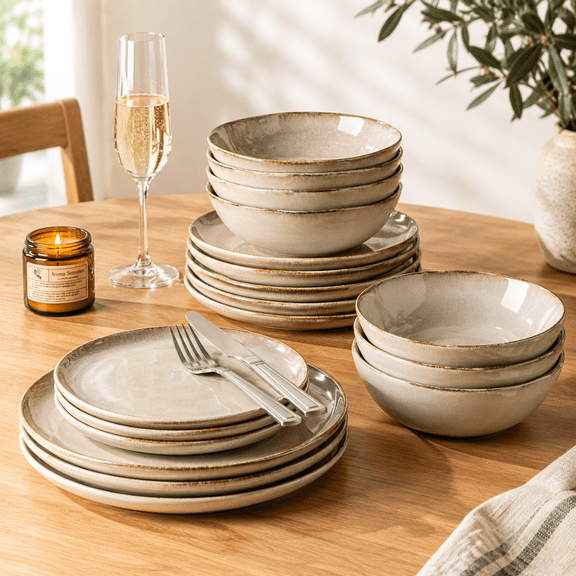 Oatmeal Linen Stoneware Dinnerware Set, Service for 8, 24 Piece Rustic Tableware