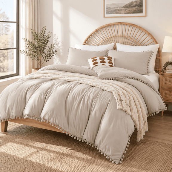 Oatmeal Queen Size Ball Pom Fringe Microfiber 3-Piece Bedding Comforter Set