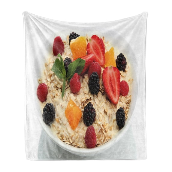 Oatmeal Soft Flannel Fleece Throw Blanket, Tasty Healthy Food Photography with Fresh Fruits and Porridge in Morning Bowl, Cozy Plush for Indoor and Outdoor Use, 70" x 90", Multicolor, by Ambesonne