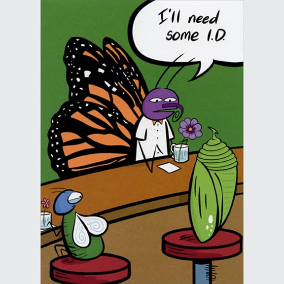 Oatmeal Studios Butterfly Bartender Checking Cocoon's ID Funny / Humorous Birthday Card