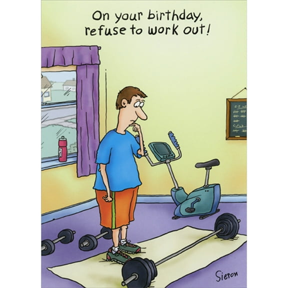 Oatmeal Studios Man Staring at Weights: Refuse to Work Out Masculine Funny / Humorous Birthday Card for Him