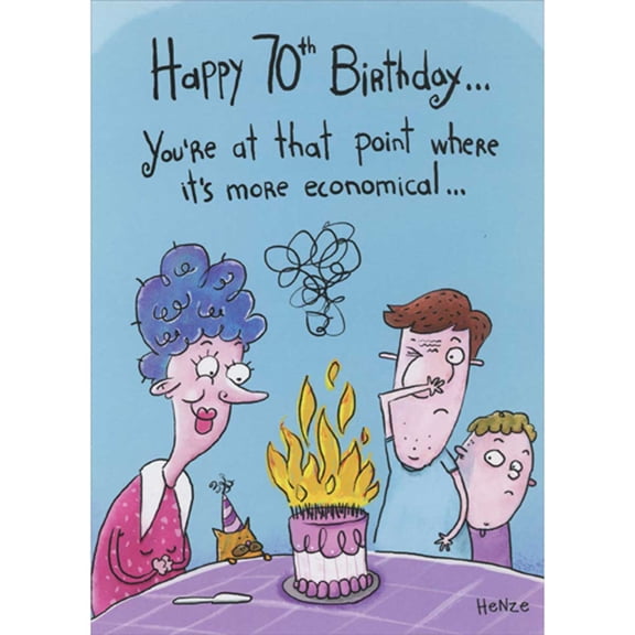 Oatmeal Studios More Economical: Cake on Fire Funny 70th Birthday Card