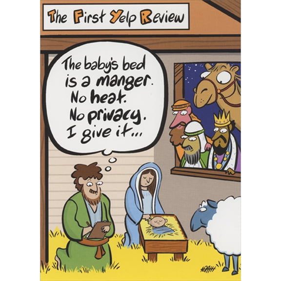 Oatmeal Studios Nativity First Yelp Review: No Heat, No Privacy Box of 10 Funny Christmas Cards
