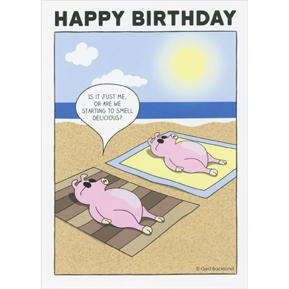 Oatmeal Studios Two Pigs Laying on Beach Blankets: Smell Delicious Funny Birthday Card