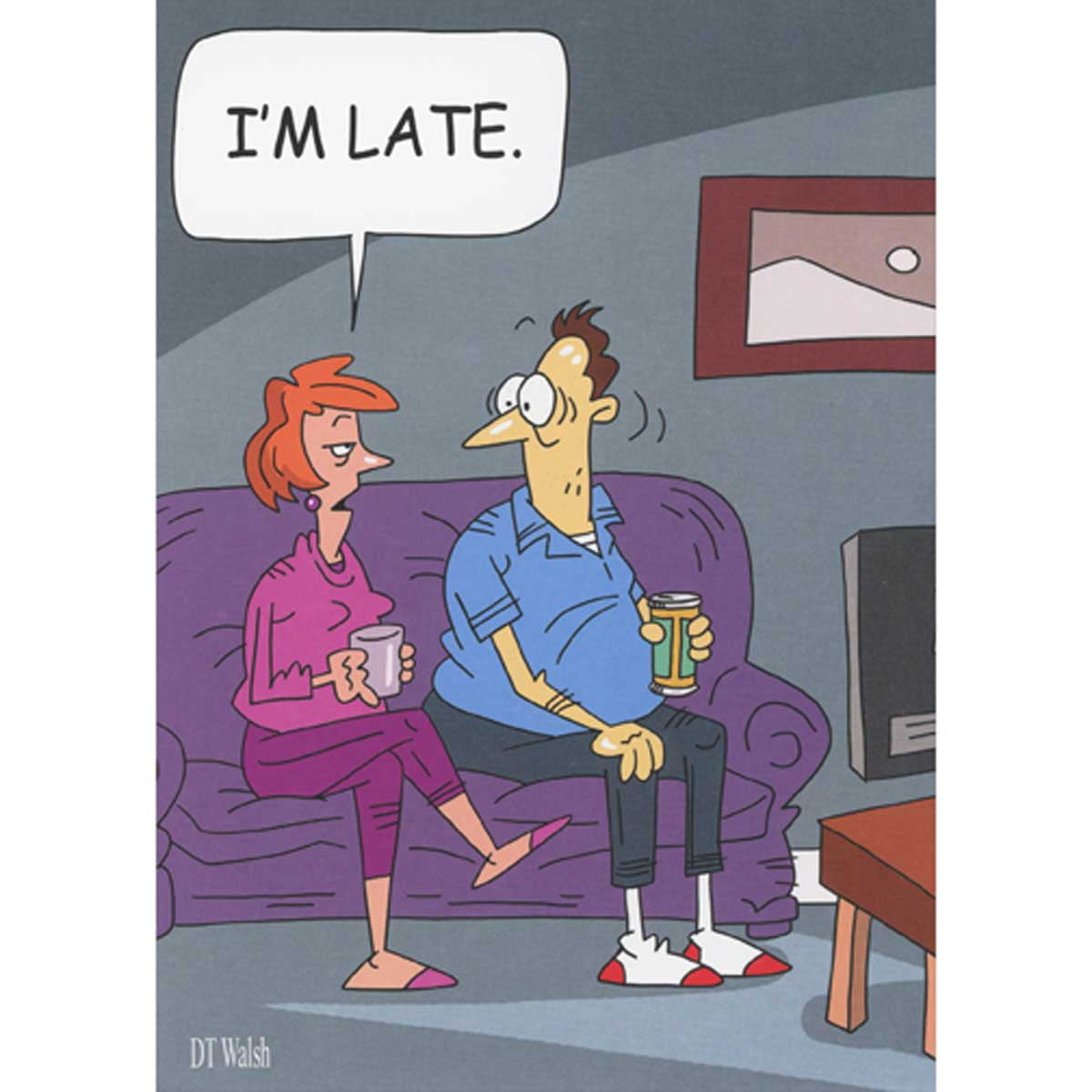 Oatmeal Studios Woman on Couch Telling Shocked Man That She is Late ...