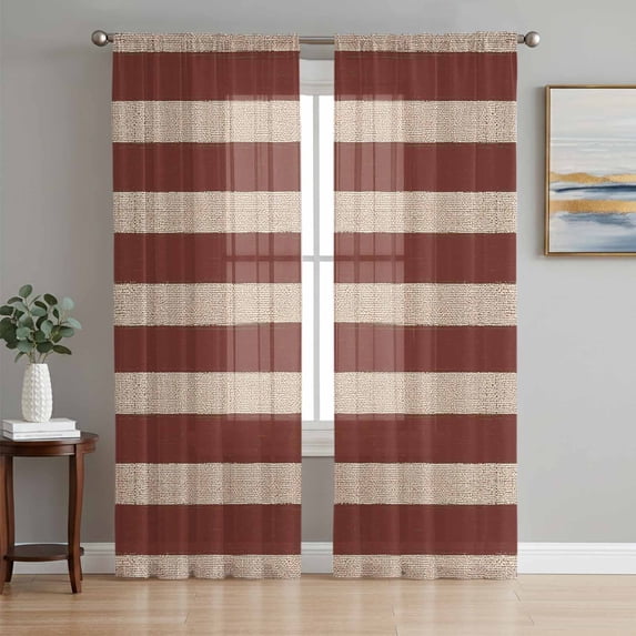 Oatmeal Tan Striped Sheer Curtains 84 Inches Long, Farmhouse Country Minimalist Stripes Light Filtering Window Curtains for Living Room, Rod Pocket Voile Sheer Curtain Drapes, 52"W x 84"L, 2 Panels