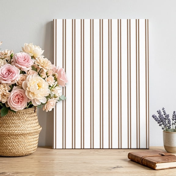 Oatmeal Ticking Stripe Canvas Wall Art, Minimalist Vertical Lines White Framed Canvas Wall Decor Picture Print Artwork Decorations for Living Room Office Ready to Hang 24" x 20"