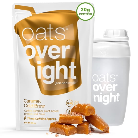 Oats Overnight Protein Caramel Cold Brew Oatmeal, 2.6 oz (8 Pack + Shaker Bottle)
