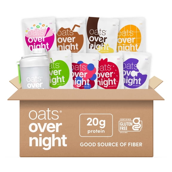 Oats Overnight Protein Fruit Variety Pack Oatmeal, (8 Pack + Shaker Bottle)
