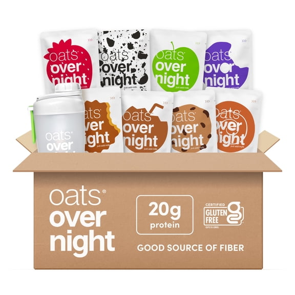 Oats Overnight Party Variety Pack-High Protein, High Fiber Breakfast Protein Shake - Gluten Free Oatmeal, Non GMO Oatmeal - Cookies & Cream, Coconut Cream Pie & More Flavors (8 Pack + Shaker Bottle)