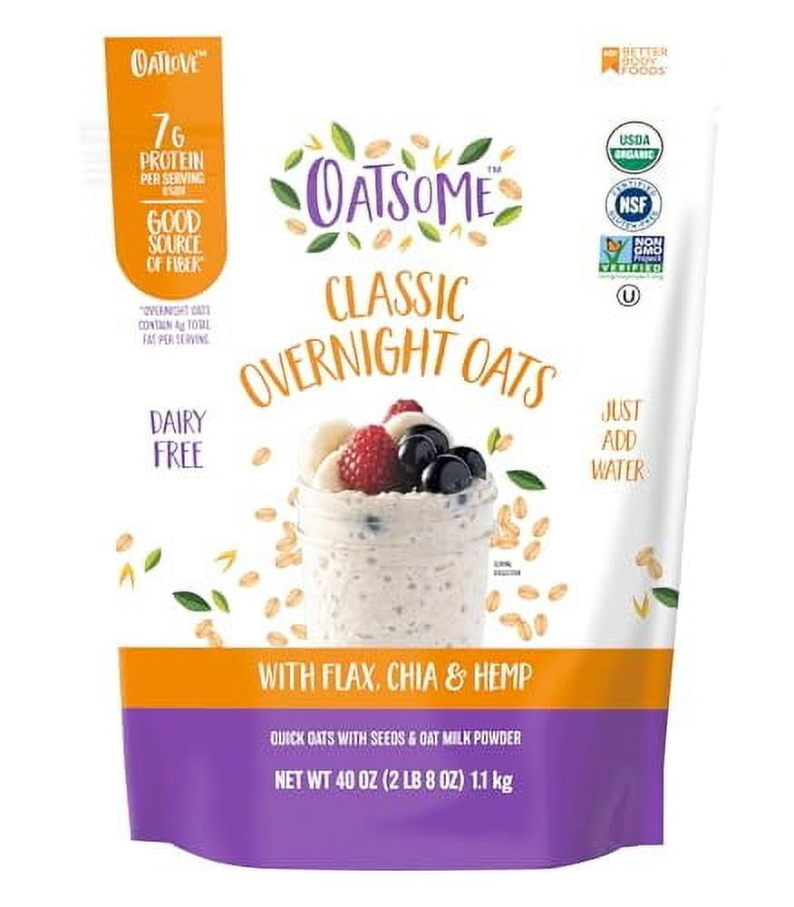 Oatsome Organic Overnight Oats with Chia, Flax, \u0026 Hemp, Gluten-Free Oatmeal with 7g of Protein, 2.5 lb Bag
