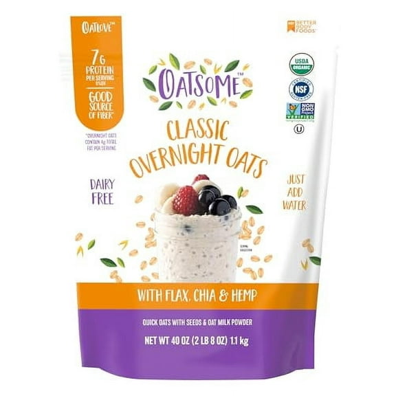 Oatsome Organic Overnight Oats with Chia, Flax, & Hemp, Gluten-Free Oatmeal with 7g of Protein, 2.5 lb Bag