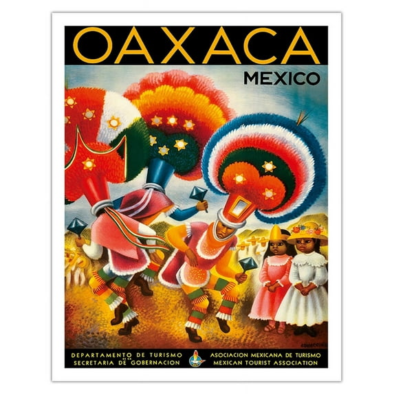 Oaxaca Mexico - Costumed Native Dancers - Vintage Travel Poster by Miguel Covarrubias c.1943 - Fine Art Matte Paper Print (Unframed) 11x14in