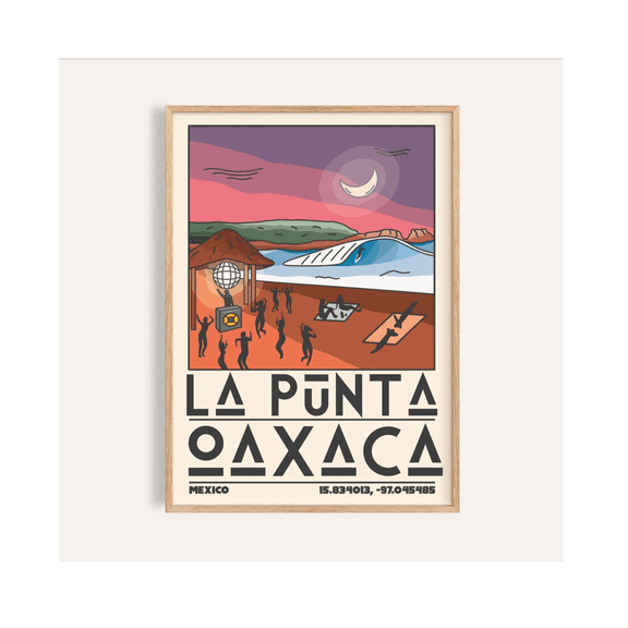 Oaxaca Surf Poster Purple Pink Skies Crescent Moon Tiny Surfer