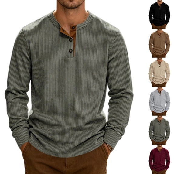 Oazcsf Long Sleeve Corduroy Shirt for Men Thermal Henley Button Undershirts Lightweight Casual Pullover Sweater Winter Knit Big and Tall Men's Tops