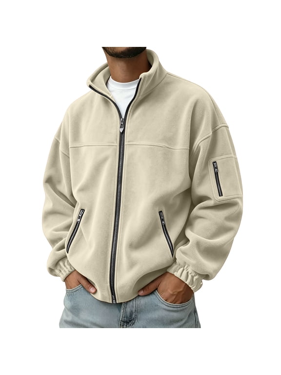 Men Full Zip Fleece Jacket Polar Fleece Stand Collar Long Sleeve Sweater Winter Warm Soft Pullover