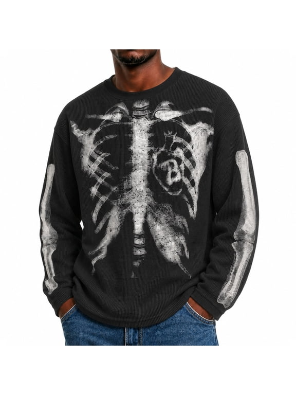 Men Skeleton Graphic Waffle Knit Sweatshirt Vintage Punk Long Sleeve Crewneck Sweater Top Casual Goth Streetwear Oversized Y2k T Shirt,Black M