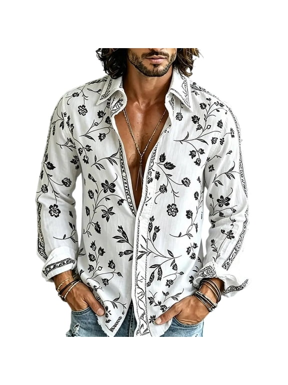 Men's 70s Disco Shirt Long Sleeve Floral Print Button Down Retro Party Shirt Vintage Hippie Fashion Top,White 2XL