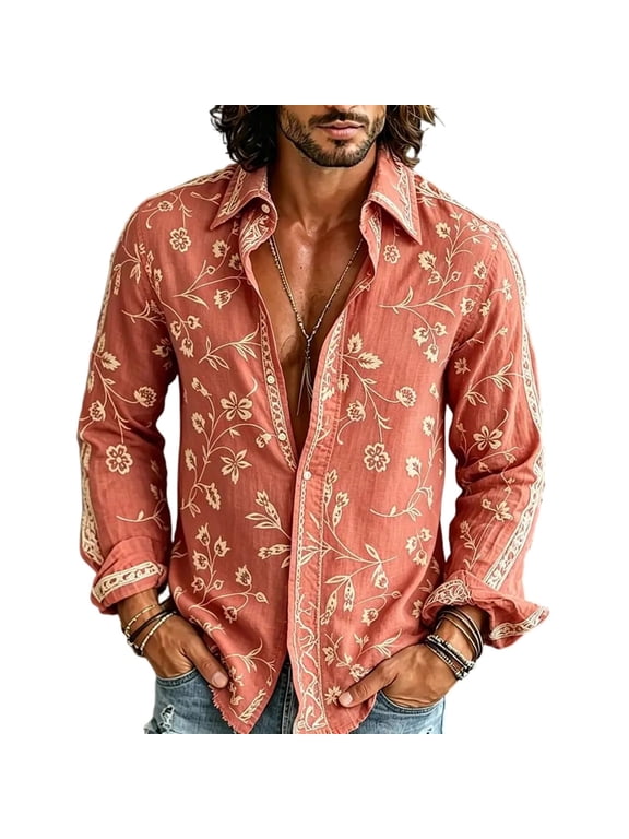 Men's Casual Floral Shirts Long Sleeve Button Down Vintage Printed Shirt Retro Bohemian Style Vacation Wear,Watermelon Red L