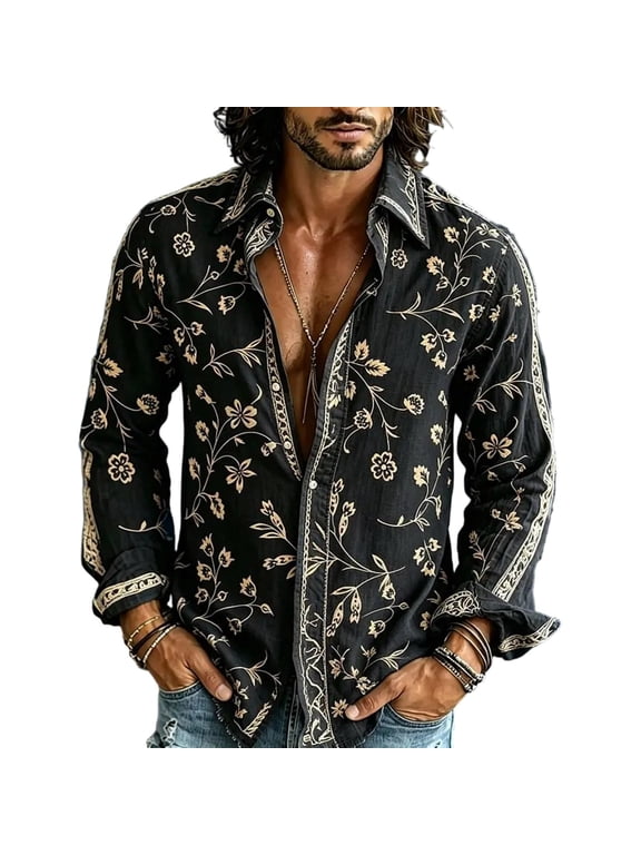 Men's Floral Button Down Shirt Long Sleeve Vintage 70s Hippie Shirt Retro Boho Casual Disco Party Top,Black 4XL