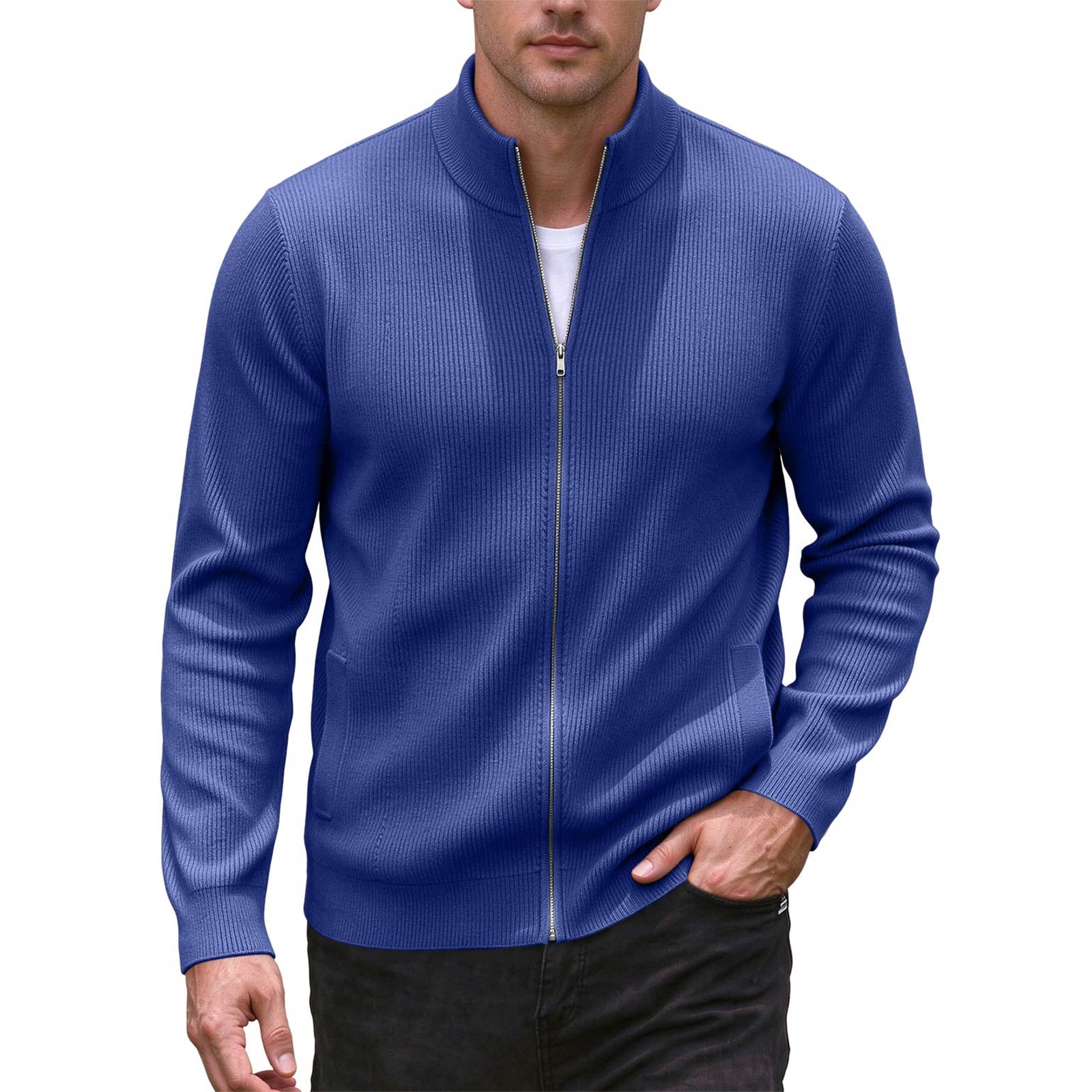 Oazcsf Men's Full Zip Cardigan Sweater Stand Collar Textured Knit Long ...
