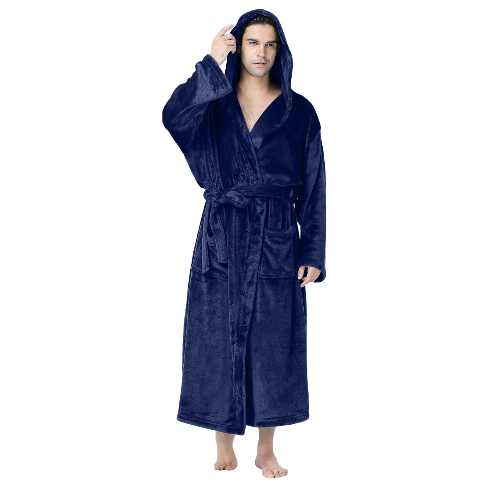 Oazcsf Men's Hooded Plush Fleece Robe Calf Length Wrap Bathrobe Cozy ...