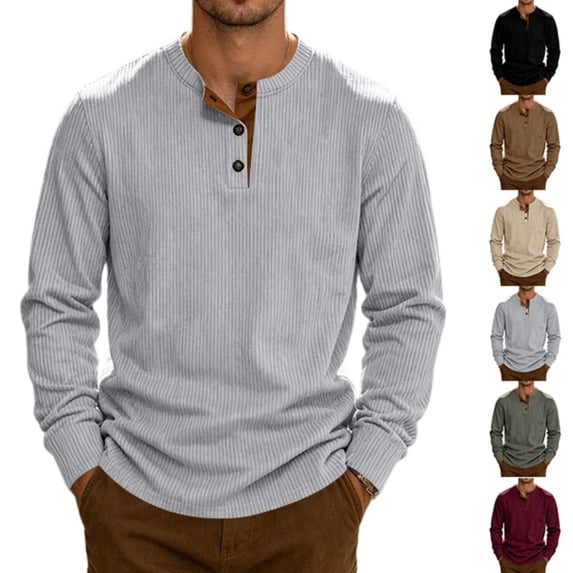 Oazcsf Mens Corduroy Shirt Long Sleeve Thermal Pullover Sweater Henley Button Lightweight Undershirt Winter Casual Big and Tall Men's Top