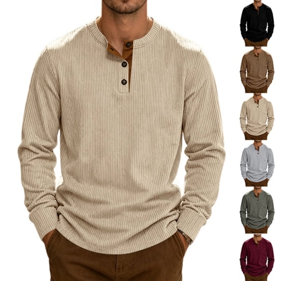 Oazcsf Mens Long Sleeve Shirts Casual Corduroy Thermal Pullover Sweater Henley Button Lightweight Knit Undershirt Winter Warm Big and Tall Men's Tops
