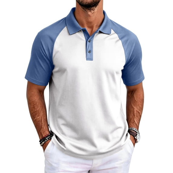 Oazcsf Mens Raglan Short Sleeve Golf Shirts Fashion Color Block Casual Shirt Classic Stylish Stretchy Workout Tee,Blue,L