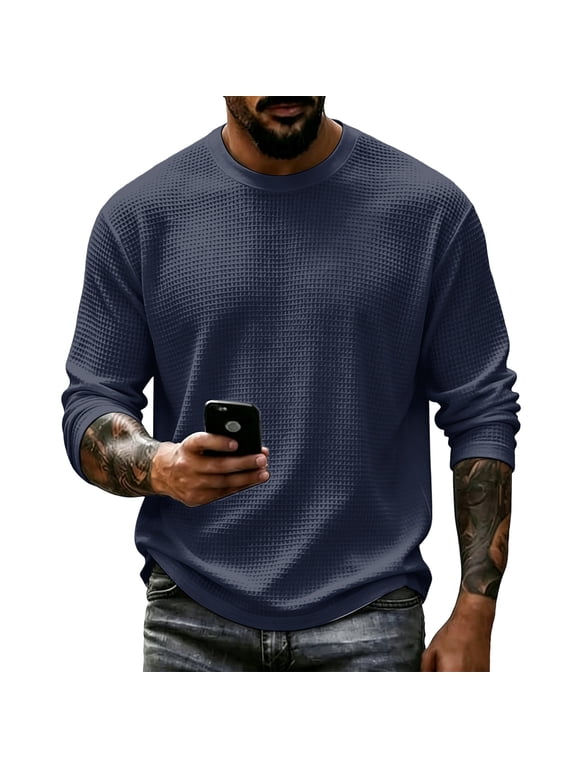 Mens Thermal Long Sleeve Shirt Waffle Warm Pullover Sweater Crew Neck Lightweight Texture Underwear Winter Basic Big and Tall Men's Tops
