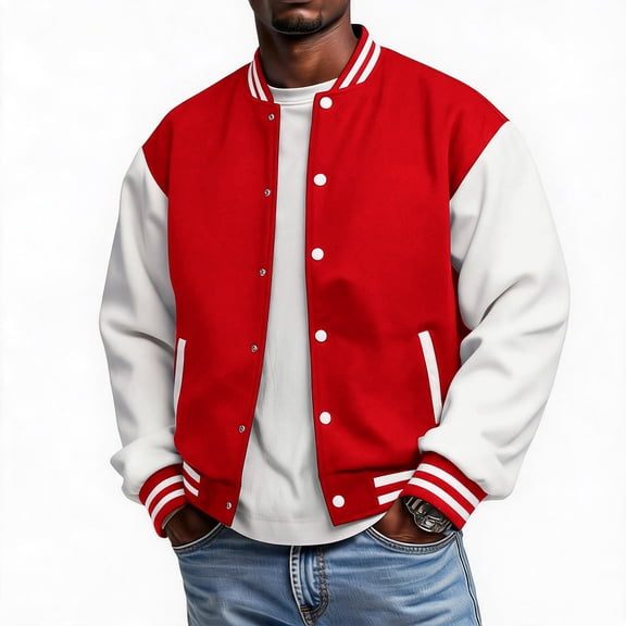 Oazcsf Mens Varsity Letterman Jacket Snap Button Front Baseball Bomber Contrast Long Sleeves Striped Ribbed Collar and Cuffs with Side Pockets Fall Winter Clothes,Red M