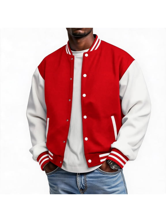 Mens Varsity Letterman Jacket Snap Button Front Baseball Bomber Contrast Long Sleeves Striped Ribbed Collar and Cuffs with Side Pockets Fall Winter Clothes,Red L