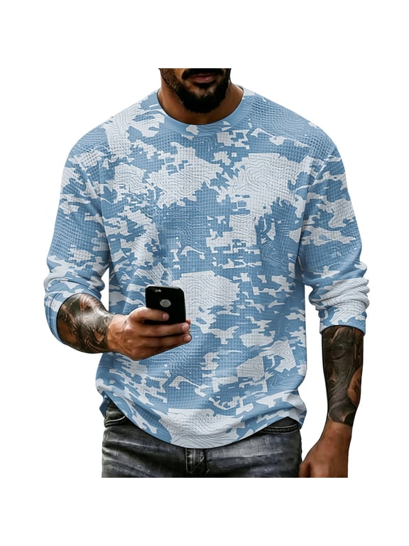 Mens Waffle Knit Long Sleeve Shirt Camo Pullover Sweater Crew Neck Lightweight Fall Sweatshirts Winter Casual Big and Tall Men's Top
