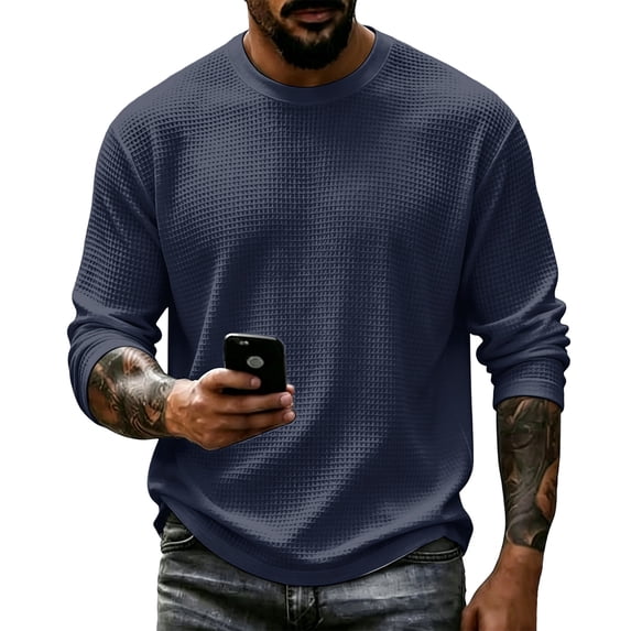 Oazcsf Mens Waffle Long Sleeve Shirt Thermal Pullover Sweater Crew Neck Lightweight Fall Undershirt Winter Para Big and Tall Men's Top