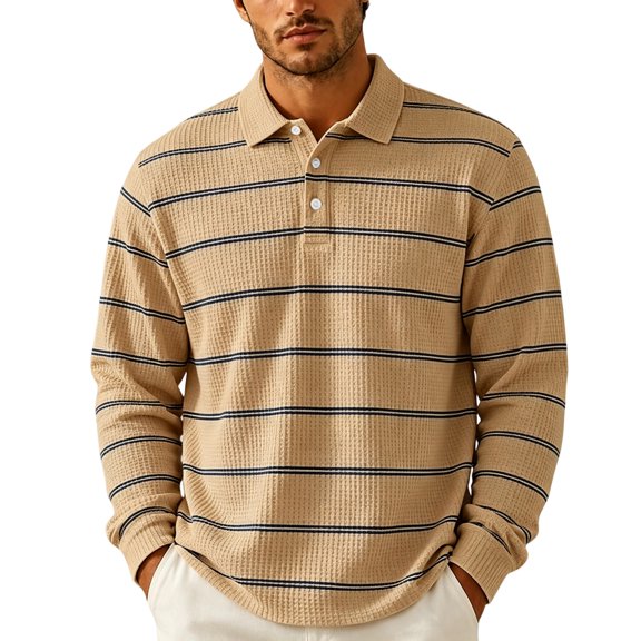 Oazcsf Rugby Striped Polo Shirts for Men Long Sleeve Classic T shirts Business Casual Collared Golf Pullover Vintage Relaxed Fit Tops,Khaki L