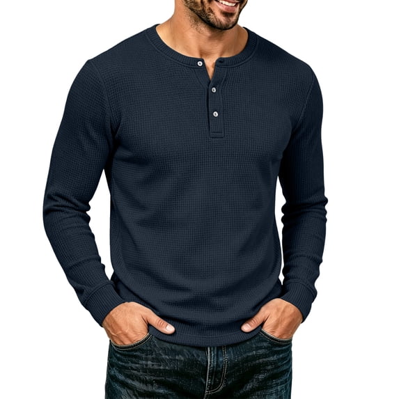 Oazcsf Waffle Knit Long Sleeve for Men Thermal Crew Neck Undershirt Button Up Casual Pullover Top Winter Cotton Big and Tall Men's Tops