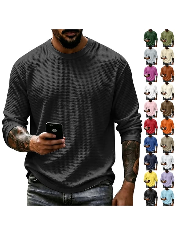 Waffle Thermal Long Sleeve for Men Knit Warm Pullover Sweater Crew Neck Lightweight Fall Undershirt Winter Basic Big and Tall Men's Tops