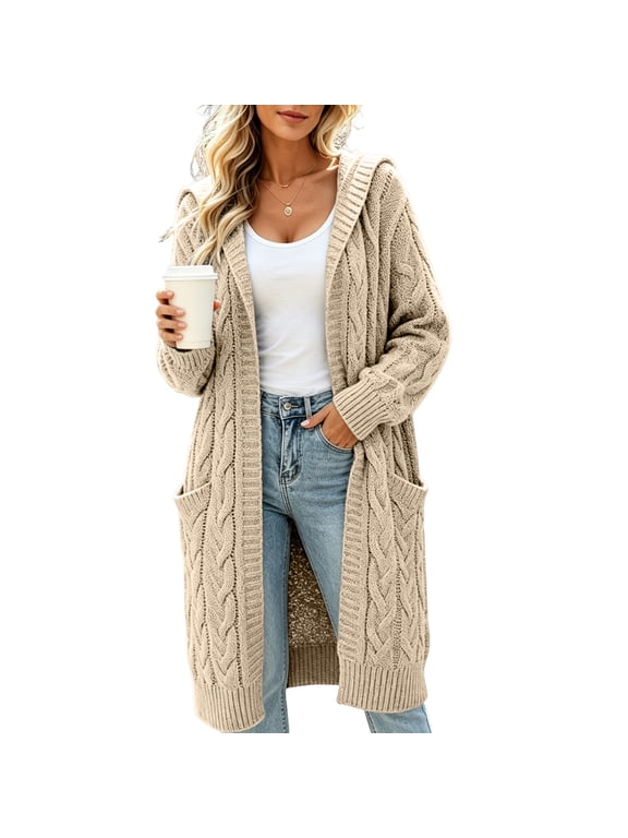 Womens Hooded Open Front Cardigan Sweater Cable Knit Chunky Long Coatigan with Side Pockets 2026 Oversized Fall Winter Clothes,Beige 2XL
