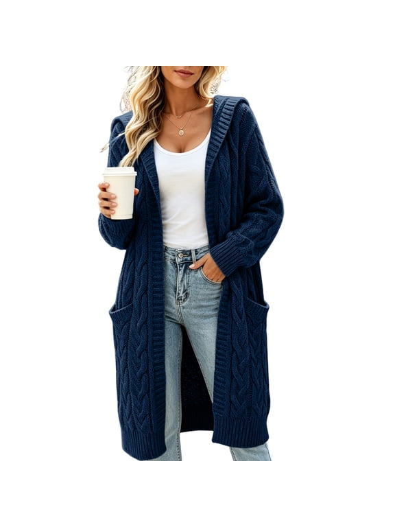 Womens Hooded Open Front Cardigan Sweater Cable Knit Chunky Long Coatigan with Side Pockets 2026 Oversized Fall Winter Clothes,Dark Blue XL