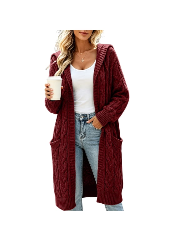 Womens Hooded Open Front Cardigan Sweater Cable Knit Chunky Long Coatigan with Side Pockets 2026 Oversized Fall Winter Clothes,Wine 4XL