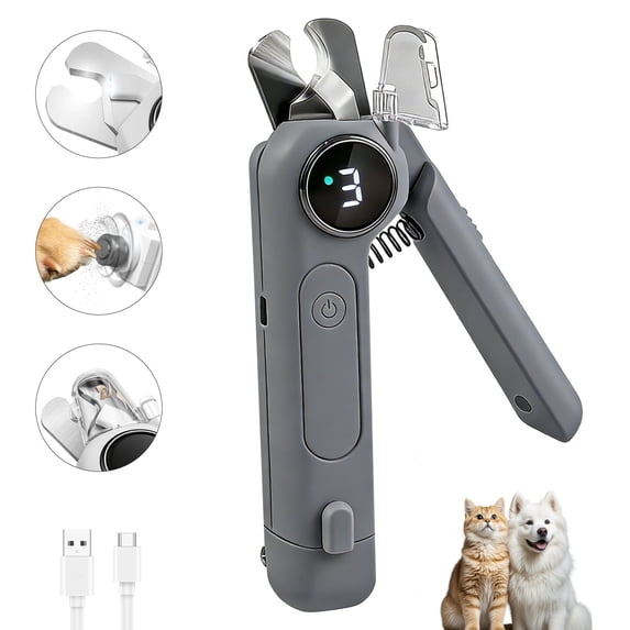 Oazouf 2-in-1 Electric Dog Cat Nail Clippers and Grinder with LED Light, 3-Speed, Rechargeable Quiet Safe Pet Nail Trimmer Grooming Tool for Dogs Cats Rabbits Pets, Gray