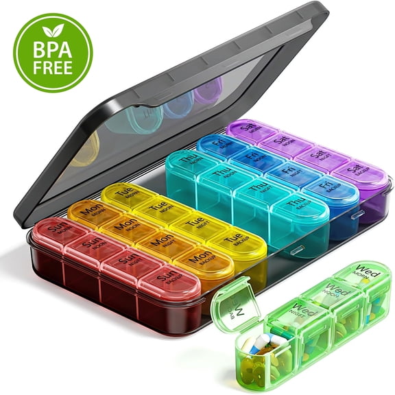 Oazouf Weekly Pill Organizer 4 Times a Day, BPA Free Daily Pill Box 7 Day, Large Travel Pill Case with 28 Compartment for Medicine, Vitamin and Supplement, Rainbow